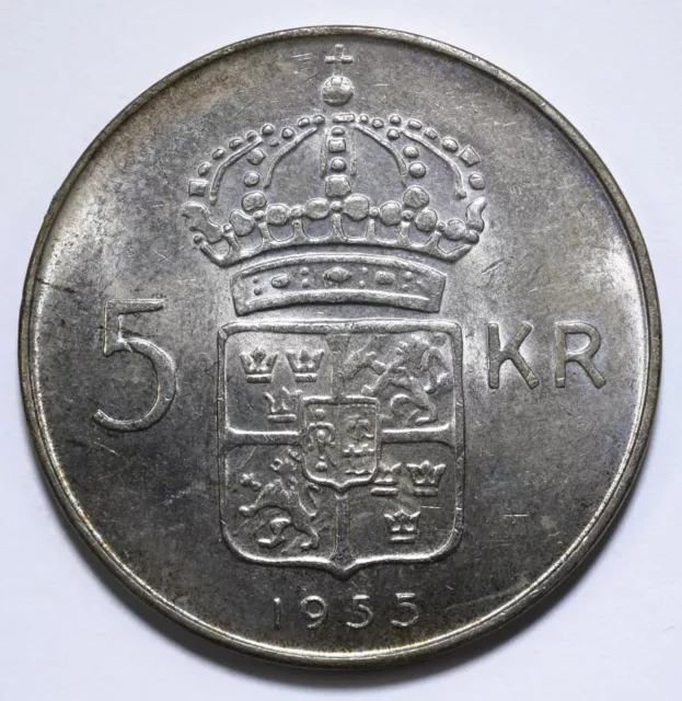 1955, Sweden, 5 Krona, Gustaf VI Adolf, aUNC, Silver, KM# 829, Lot [1522]