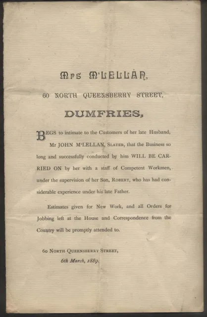 1889 DUMFRIES, MRS. McLELLAN, 60, NORTH QUEENSBERRY ST. NOTICE, SLATER BUSINESS