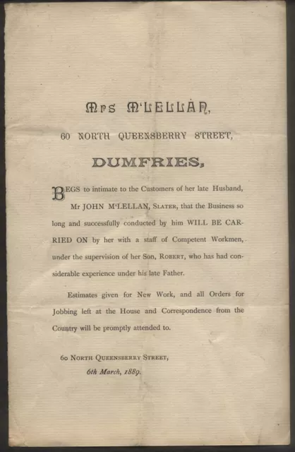1889 DUMFRIES, MRS. McLELLAN, 60, NORTH QUEENSBERRY ST. NOTICE, SLATER BUSINESS