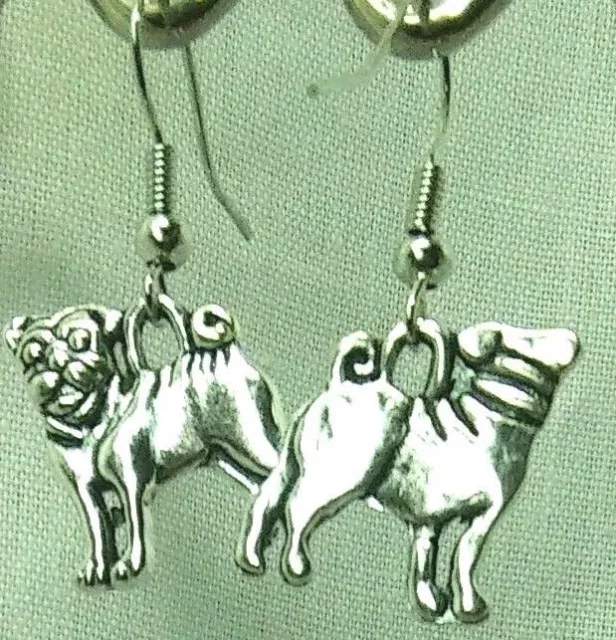 Handmade Pug Dog Earrings Bronze or Silver Animal Drop Hook Earrings
