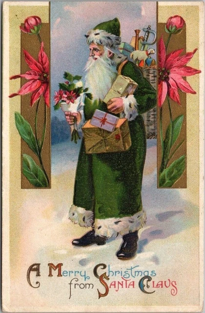 1910s MERRY CHRISTMAS Embossed Postcard SANTA CLAUS in GREEN ROBE / P.C. 285