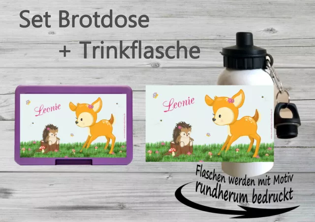Brotdose Pausenbox Brotbox mit Namen Trinkflasche Alutrinkflasche Reh Rehkitz