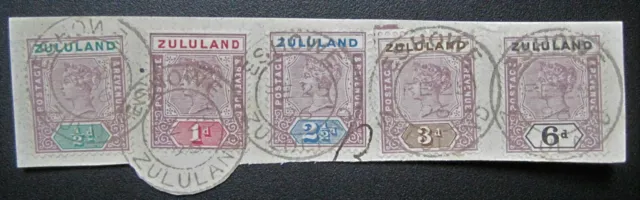 FEB 25 1896 Five Zululand Stamps 15 16 17 18 & 19 tied on piece