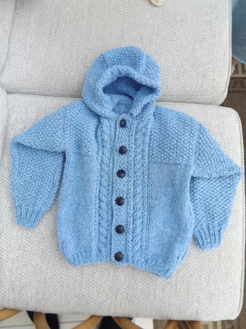 Brand New Hand Knitted Baby Boys Blue/ White Fleck  Aran Hooded Cardigan