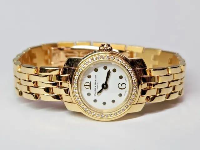 GORGEOUS Baume & Mercier 65440 18ky Gold White Dial Quartz 22mm Wristwatch