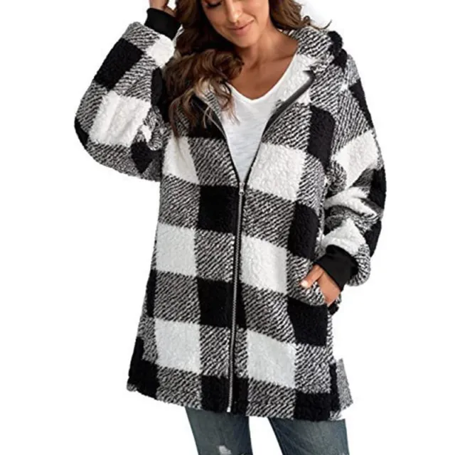 Oversize Women's Outwear Fleece Teddy Bear Check Coat Zip Hooded Jacket Jumper