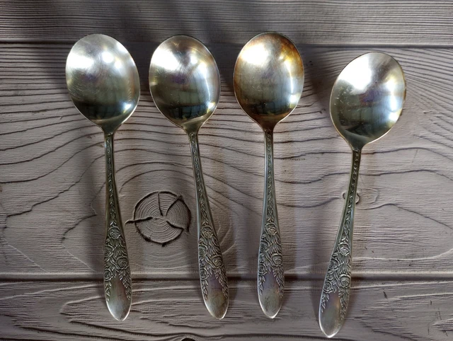 x4 1937 National Silver Co Rose & Leaf A1 Serving/Soup Spoon Round Bowl Spoon