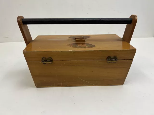 Vintage SEWING BOX Foldout wood storage wooden antique basket tote craft mcm 50s