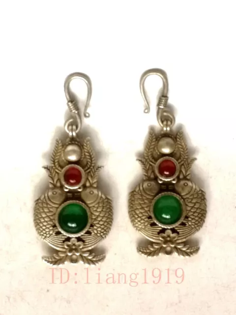 Pretty a Pair Old China Tibet Silver Hand-made Inlay Jade Fish Eardrop Dangler