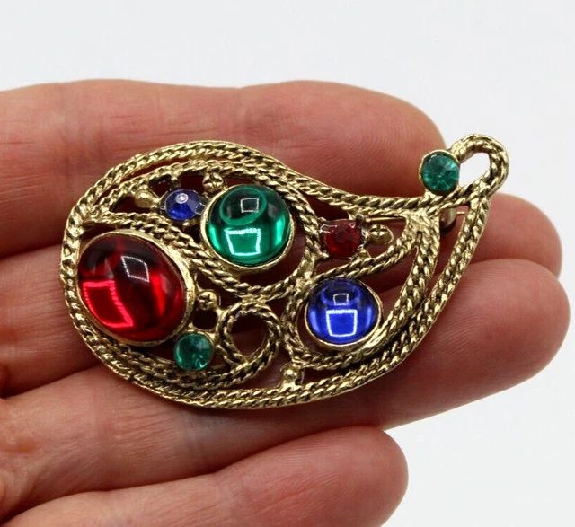 Grande Broche Vintage Années 50/60 Avec Cabochon Verre Taillé Vert Et Or