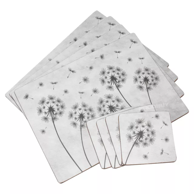 Set of 4 Placemats & 4 Coasters Floral Grey Dandelions Dining Table Setting Mats