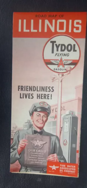 1955 Illinois road map Tydol Flying A oil gas route 66