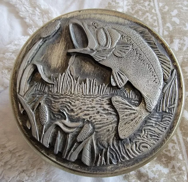 Vintage Metzke Pewter Bass Fish Tin Container With Lid Round