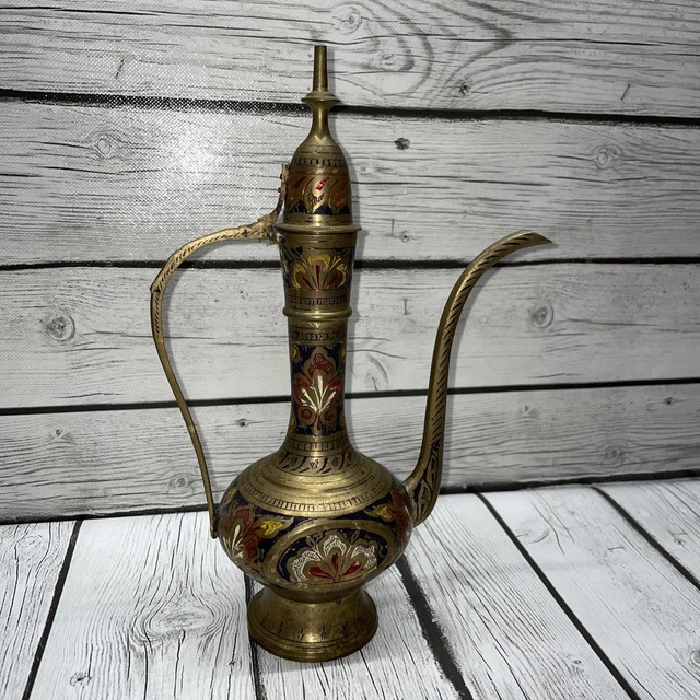 Ornate Etched Painted Solid Brass Teapot Genie Lamp Pitcher India 11” Tall VTG