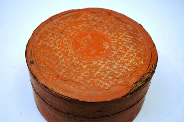 Vintage en Laque Boîte Thanakha Bu Myanmar Rangement Conteneur Main Peint Vieux 2