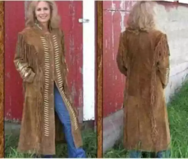 Womens Western Suede Leather Women Long Coat with Beads Fringes