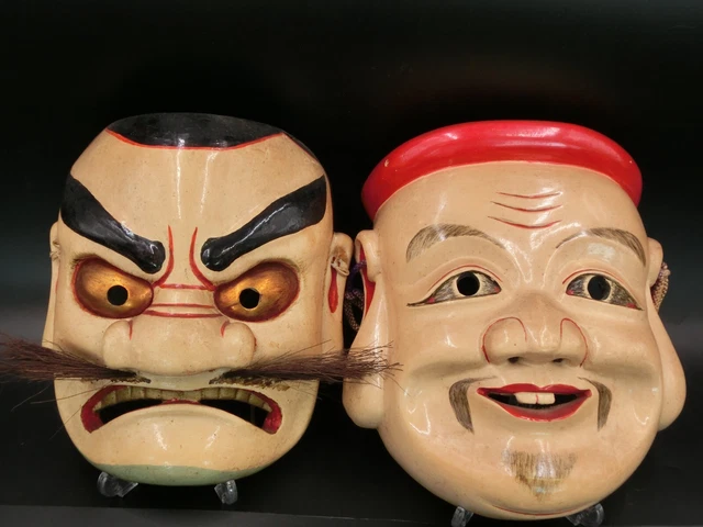 Japanese Vintage Wooden Mask SUSANO-ONO-MIKOTO KOTOSHIRONUSHINO-MIKOTO Set of 2