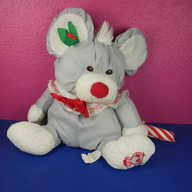 Vintage 1987 Fisher Price Puffalump Mouse Plush Gray Christmas Candy Cane 13"