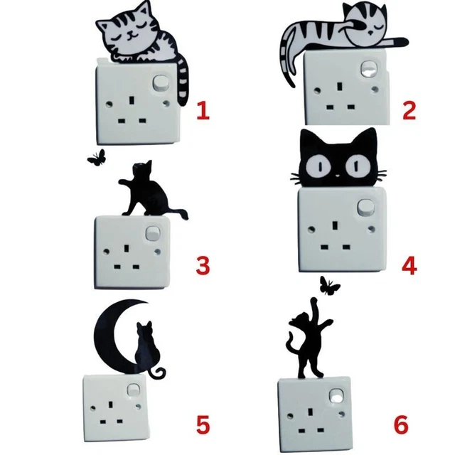 6Pcs Removable Funny Cat Switch Light Wall Sticker Black Art Poster Home Decor