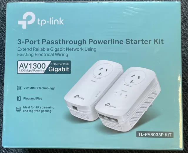 TP-Link TL-PA8033P KIT AV1300 3 Port Gigabit Passthrough Powerline Adapter New