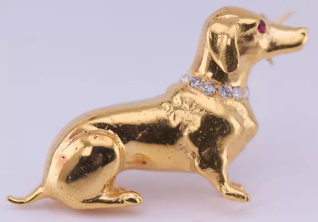 Antik Carl Bucherer Dackel Hund Brosche 18k Gold Diamanten Rosa