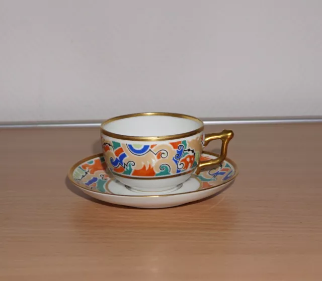 Antike Rosenthal Mokkatasse mit Untertasse Goldrand Orange/Grün/Blau I