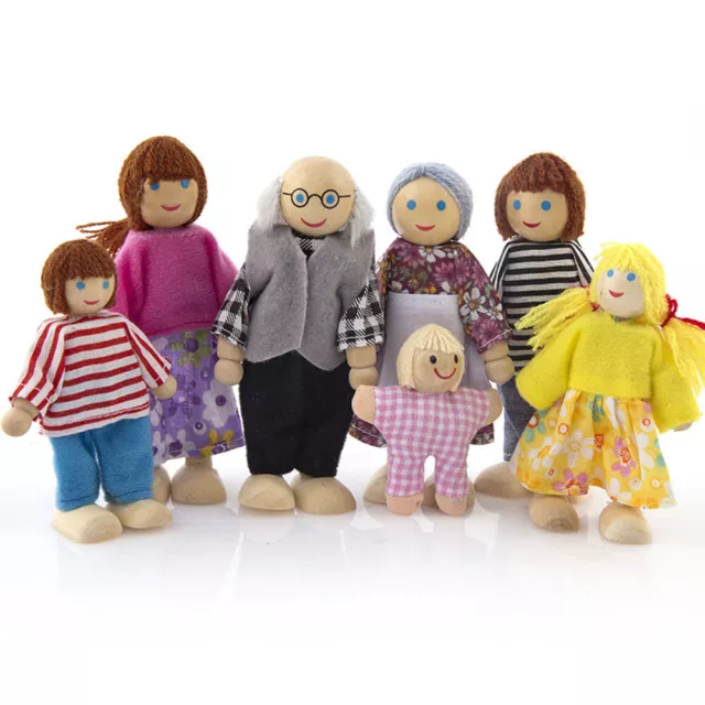 Wooden Furniture Dolls House Family Miniature 7 People Doll Toy For Kid Child