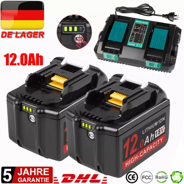 12Ah Für Makita 18V Lithium Akku Mit LED Anzeige BL1850 BL1860B BL1890 Ladegerät