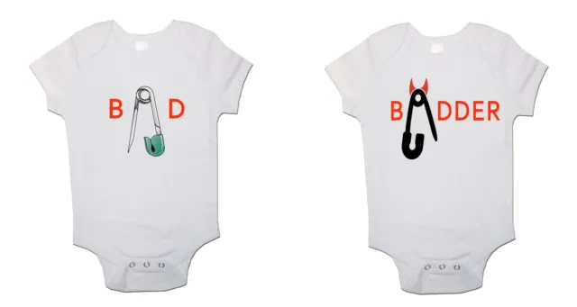 Twins Baby bodysuits Bad and Badder Babygrow Vest Pack Of 2 Funny Gift Present