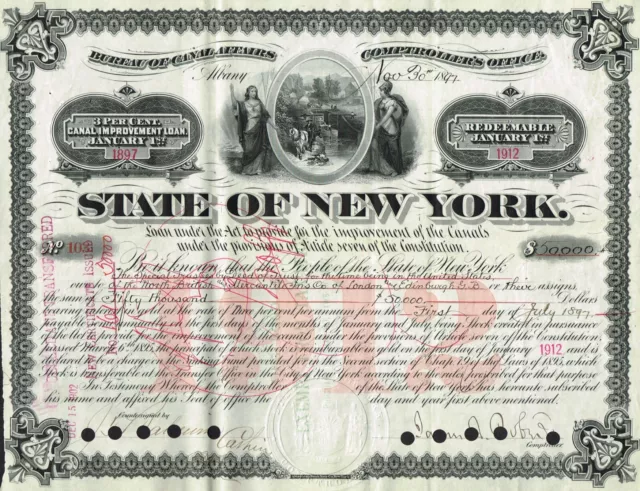 USA STATE OF NEW YORK  stock certificate/bond 1897 FOR $50,000