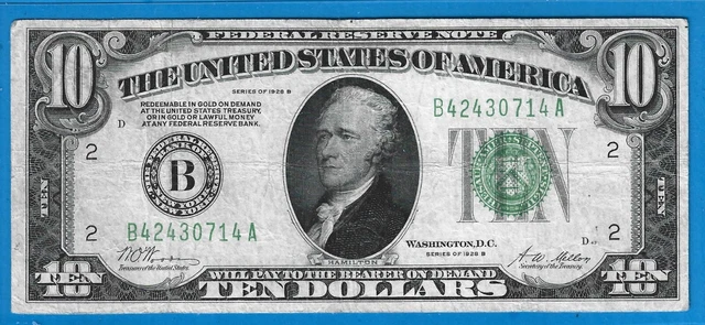 1928 B $10 FRN B-New York,Redeem in Gold,Dark Green Seal,Circ Crisp VF,Nice!