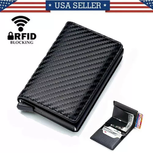 RFID Blocking LEATHER CARBON FIBER Mens Wallet  Purse Slim ID Credit Card Holder