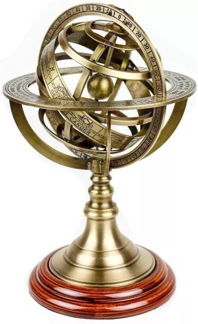 Antiguo Vintage Zodíaco Armillary Latón Esfera Globo Pantalla de Madera...