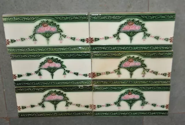 6 Pc Vintage Flower Basket Embossed Fine Ceramic Tiles,Japan