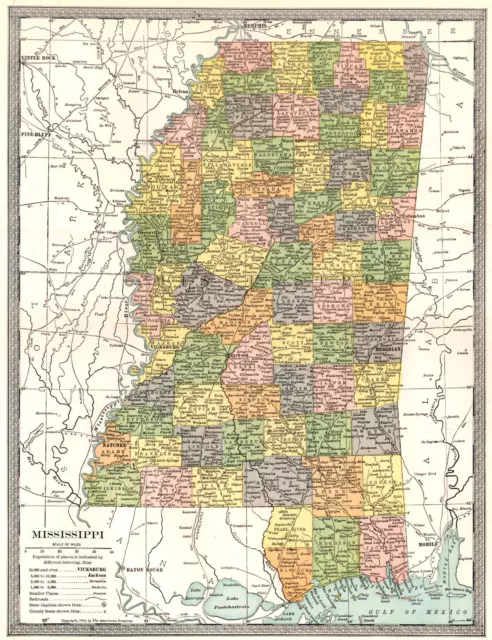 MISSISSIPPI state map. Counties 1907 old antique vintage plan chart