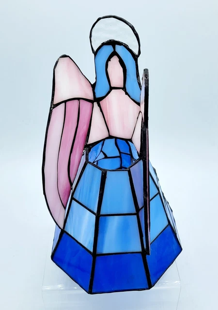 vintage stained glass angel figurine 10” votive candle. Blue pinks 3