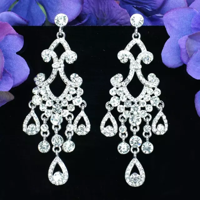 Rhodium Plated Clear Crystal Rhinestone Wedding Chandelier Drop Dangle Earrings