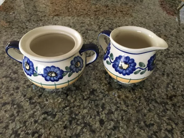 Boleslawiec Polish Pottery Blue, Green and Orange Pattern Sugar and Creamer Set