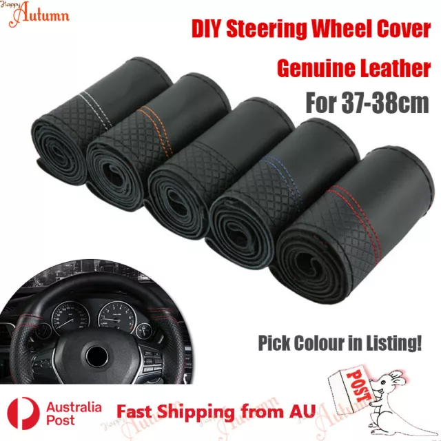 Genuine Top Grain Cow Leather DIY Car Steering Wheel Cover Soft  37cm 38cm 15"