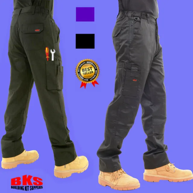Mens Cargo Combat Work Trousers with Knee Pad Pockets by BKS - BLACK or NAVY