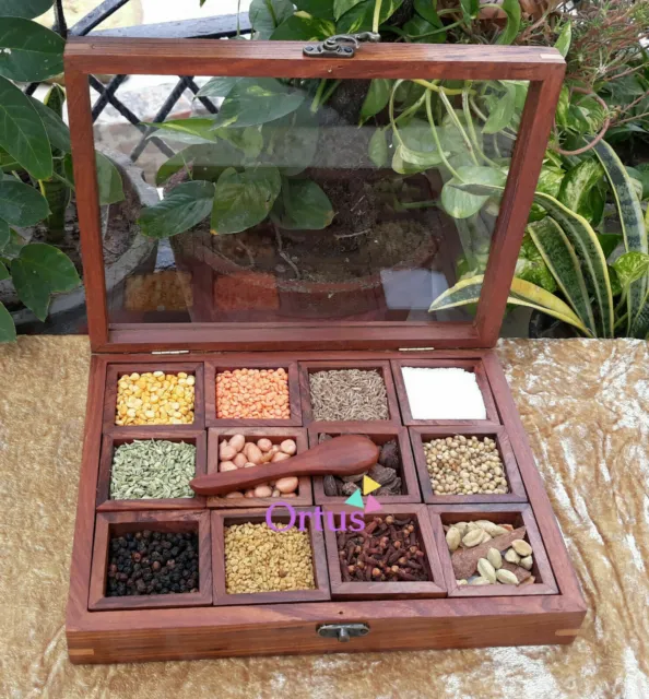 Handmade Wooden Spice Box, Wooden Masala Utility Box Glass Top Gift