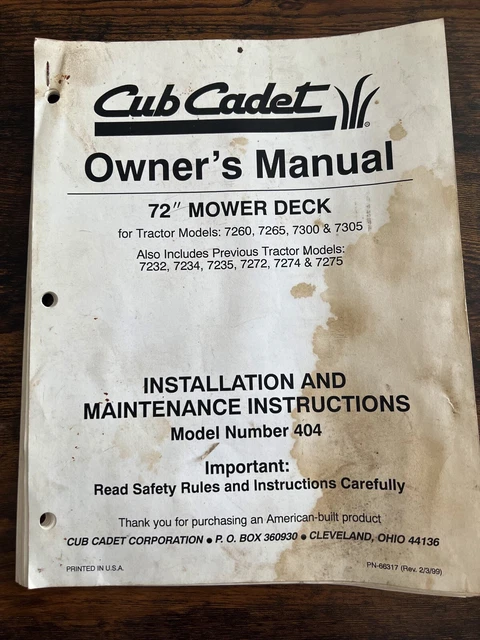 Cub Cadet INSTALLATION AND MAINTENANCE INSTRUCTIONS Model Number 404