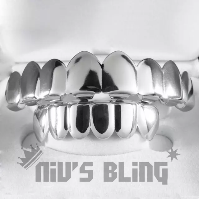 18K White Gold Plated GRILLZ 8 Tooth Top & Bottom Silver Teeth Mouth JOKER Grill