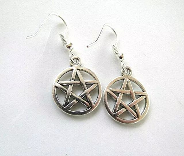 Pentagram star charm drop dangle boho hippie silver pentagram earrings. 