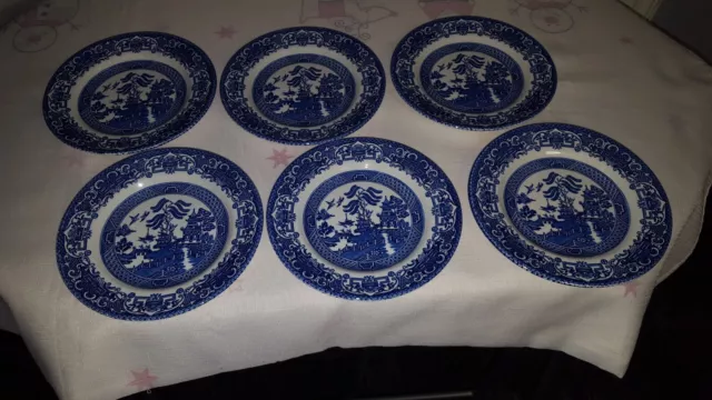 English Ironstone Old Willow - 6x 17.5cm Tea Side Plates - Vintage Blue & White