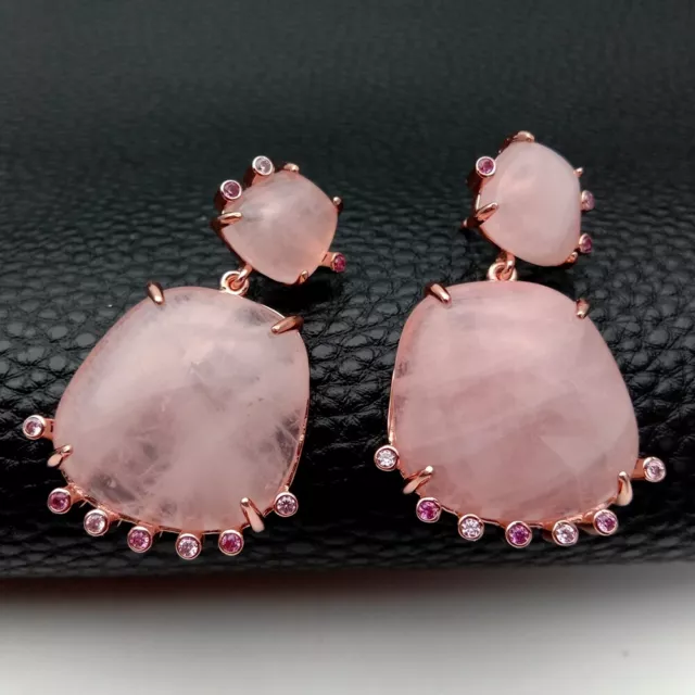 Genuine Rose Quartz Earrings Rose Gold Plated Cz Crystal Unique Earrings