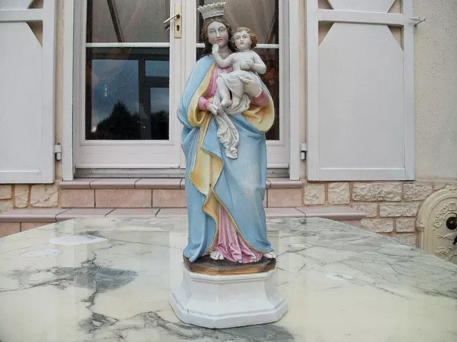 Ancienne Statue Religieuse Biscuit Porcelaine Vierge Marie Enfant Jesus-31, 5 Cm