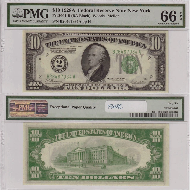 $10 1928A Federal Reserve Note New York Fr#2001-B PMG Gem Uncirculated 66 EPQ