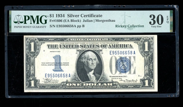 DBR 1934 $1 Silver Funnyback Fr. 1606 EA Block PMG 30 EPQ Serial E95506658A