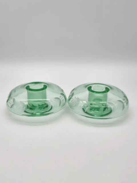 Uranium Glass Domed Etched Vine Pair Candle Holders UV Reactive Vaseline Glass